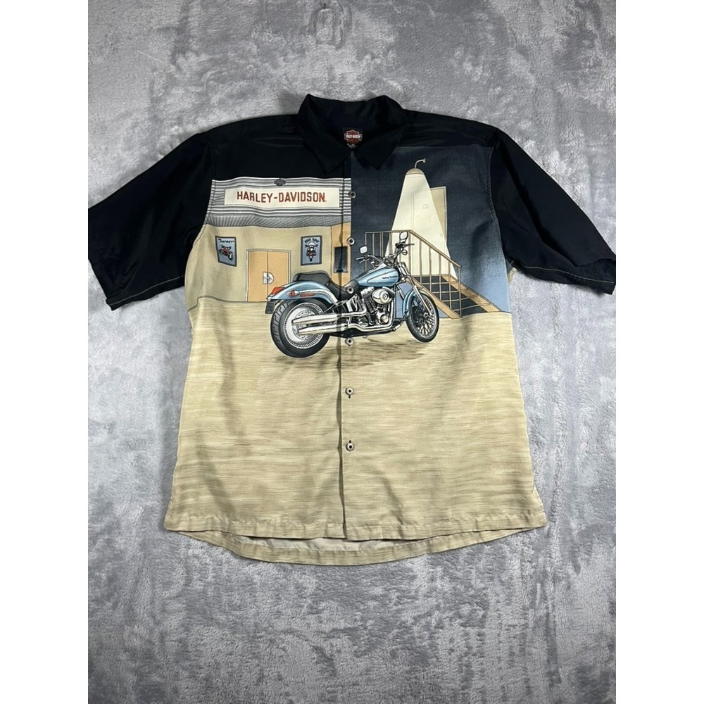Harley Davidson Shirt Mens 2XL Beige All Over Print Tori Richard Camp Blue Bike